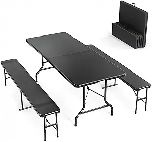 VINGLI Picnic Table Set with 2 Benches, 6 Feet Camping Table Chair Set, 3-Piece Folding Furniture for Indoor or Outdoor Use, Tree Patterned HDPE Tabletop, Black