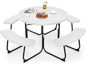 Giantex Picnic Table Set for Up to 8 Persons, Round Outdoor Table and Bench Set with Umbrella Hole, HDPE Top & Metal Frame, 2000LBS Capacity, Patio Table Bench for Deck Backyard Garden (White)