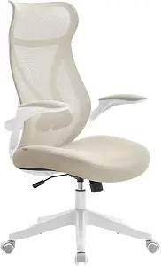 SONGMICS Office Chair, Armchair, Ergonomic Backrest, Height Adjustable, Folding Armrests, Swivel with Headrest, Capacity 150 kg, Cappuccino Beige OBN088K01