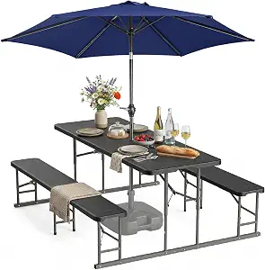 VINGLI Folding Picnic Table and Bench Set with Umbrella, Portable Outdoor Dining Furniture for Camping, Patio, Backyard, Wood Grain Plastic Top with Metal Frame with Dark Blue Umbrella