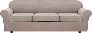 4 Piece Stretch Sofa Covers for 3 Cushion Couch Covers Furniture Slipcovers (1 Base Cover Plus 3 Seat Cushion Covers) Thicker Jacquard Fabric Cover (XL Sofa, Khaki Sand)