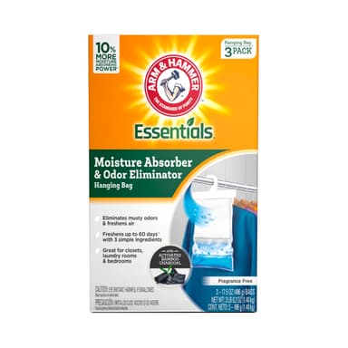 Arm & Hammer Essentials Hanging Moisture Absorber and Odor Eliminator, 17.5 oz., 3 Pack, Fragrance Free, Moisture Absorbers for Closets, Laundry Rooms and Bedrooms, Long-Lasting Freshness