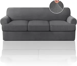 Prince Deco T Cushion Sofa Slipcover 4 Pieces Sofa Covers for T Cushion Couch Soft Sofa Slip Covers Furniture Protector with 3 Individual T Shape Seat Covers (70"-88") Washable, Grey