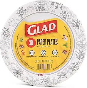 Glad Disposable Paper Plates with Holiday Grey Snowflake Design - Soak Proof, Heavy Duty, Microwavable Plates for Dessert, Snacks, and Everyday Use - 7 Inch Round, 30 Count
