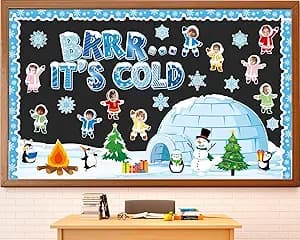 Winter Bulletin Board Decorations Christmas Snowflakes Snowman Penguin Cutouts DIY Photo Paper Cutouts Brrr It’s Cold Holiday Decor for Christmas Chalkboard School Home Wall Teacher Supplies