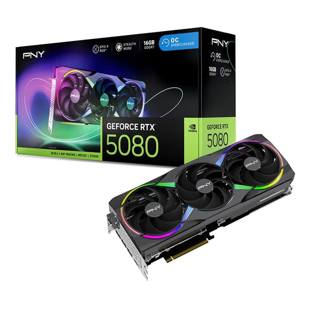 PNY NVIDIA GeForce RTX™ 5080 Epic-X™ ARGB OC Triple Fan, Graphics Card (16GB GDDR7, 256-bit, Boost Speed: 2775 MHz, PCIe® 5.0, HDMI®/DP 2.1, 2.99-Slot, NVIDIA Blackwell Architecture, DLSS 4) Triple Fan ARGB OC