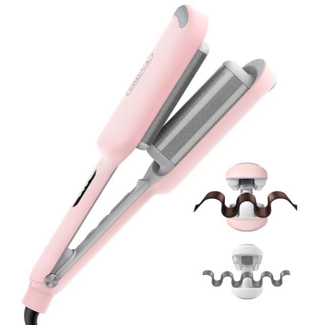 Curling Iron Hair Crimper Waver - TYMO ROVY Beach Waves Curling Wand, Ionic Deep Waver Hair Curler Tool with Ceramic 3 Barrel for Women, Dual Voltage, Anti-Scald, Easy to Use, Pink, 1.25 Inch 1.25 Inch Pink