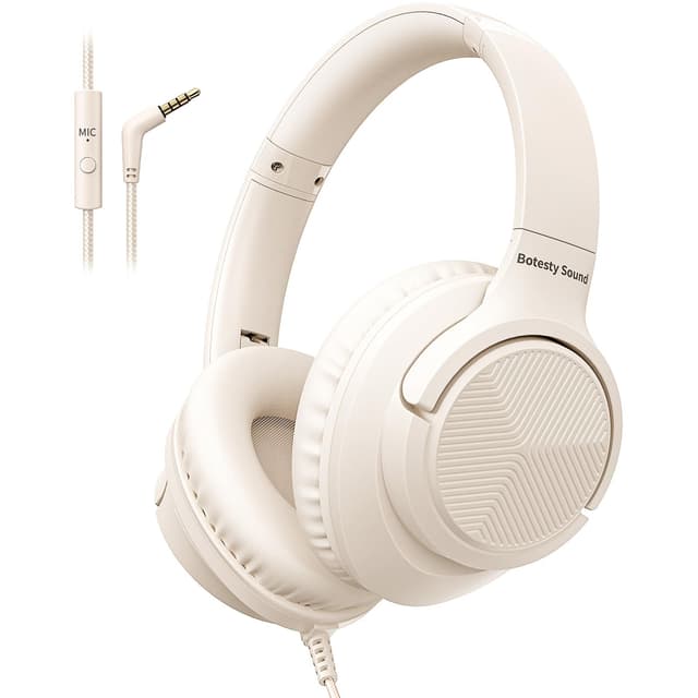 Botesty Sound Headphones Wired with Microphone, Over Ear Foldable 3.5mm Plug in Headphones Corded with 4.9ft Tangle-Free Nylon Cord for Tablet, Laptop, MP3/4, School, Airplane Travel (Beige) Beige White