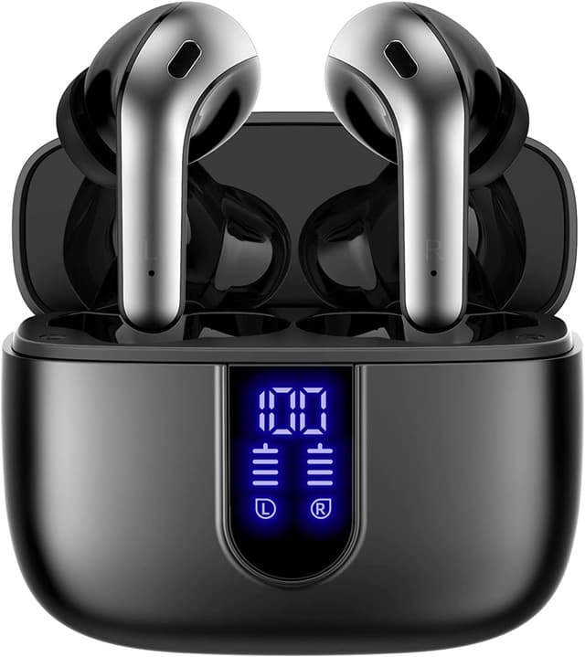 TAGRY Bluetooth Headphones True Wireless Earbuds 60H Playback LED Power Display Earphones with Wireless Charging Case IPX5 Waterproof in-Ear Ear buds with Mic for TV Smart Phone Laptop Computer Sports Standard Black
