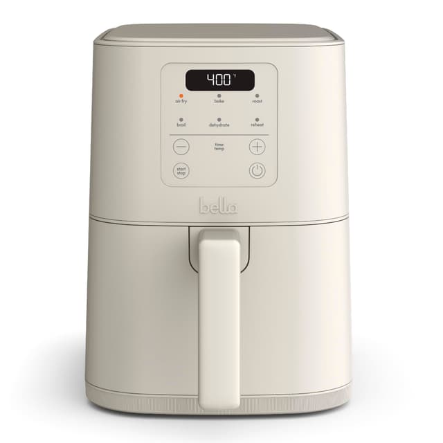 bella 4Qt Slim Air Fryer, Fits-anywhere™ Kitchenware, EverGood™ Ceramic Nonstick Coating, Adjustable Temperature, 6 Preset Cooking Options, 60 Min Auto Shutoff w Audible Tone, 3.3lb Capacity, Oatmilk 4 QT Oatmilk