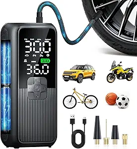 Anycash Tire Inflator Portable Air Compressor, T05 Air Pump for Car, Motorcycle, Bike, Balls with Tires Pressure Gauge, 150PSI Air Compressor Portable, Tires Pump with LED Light & Auto Shut-Off