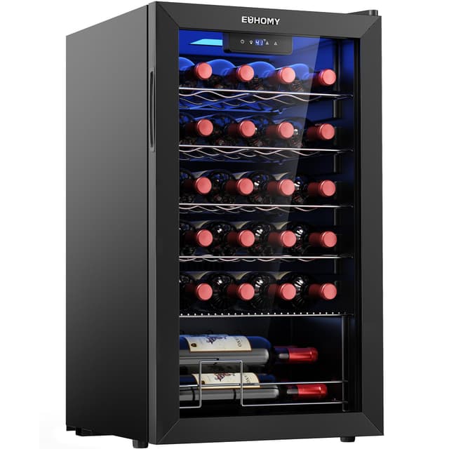 EUHOMY 25 bottle Wine Cooler Refrigerator, Freestanding Compressor Wine Fridge with Adjustable Temperature and Digital Control, Mini Fridge with Glass Door for Red White Wine, Beer, Black Black 3.2 CUFT-Wave Shelf