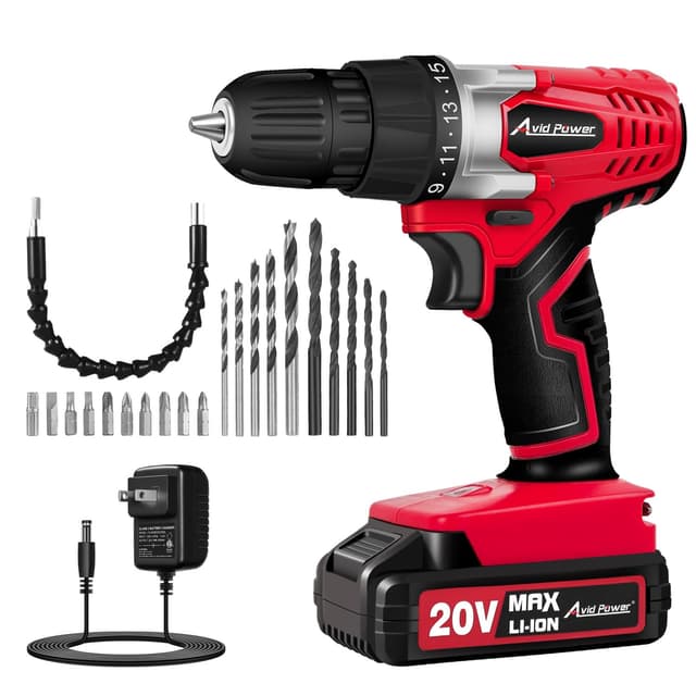AVID POWER 20V Cordless Drill Set for Home DIY & Beginner Projects - Lightweight Power Drill with Battery Charger & 22 Bits, Variable Speed, 3/8" Keyless Chuck, Ideal for Furniture Assembly (Red) 1-red