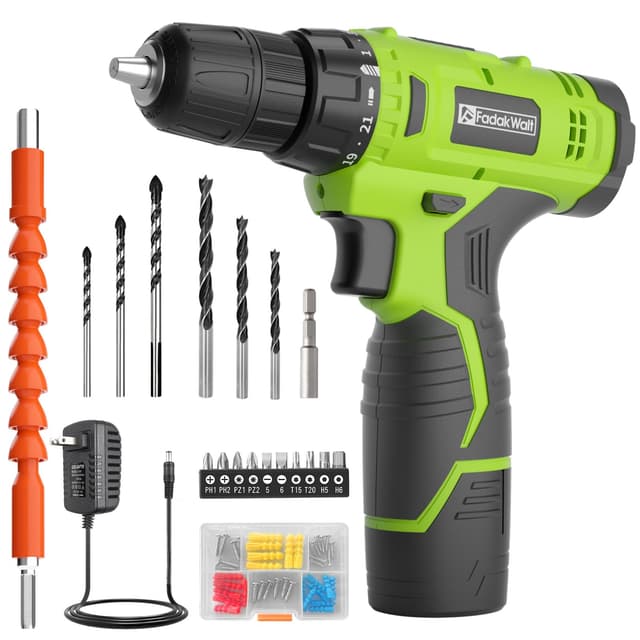 FADAKWALT Cordless Drill Set,12V Power Drill Set with Battery and Charger, Electric Driver/Drill Bits, 3/8'' Keyless Chuck,21+1 Torque Setting, 180 inch-lbs, with LED Electric Drill Set (Green) 12V Drill (Green)