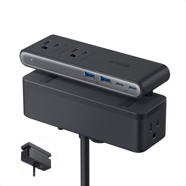 Anker Nano Power Strip, Desk Clamp with 1500J Surge Protector, 5ft Extension Cord, 70W Max Gaming Desk Accessories, 6 AC, 2 USB A, 2 USB C, Home Office Essentials, Fit 0.6~1.8'' Tabletop Edge Black