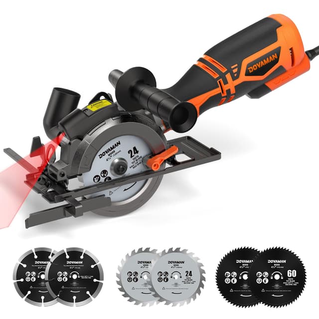 DOVAMAN Circular Saw, 5.8A 4-1/2" Circular Saw w/Laser, Metal Auxiliary Handle, 6 Blades (4½", 4¾"), Cutting Depth 1-11/16" (90°), 1-3/8" (45°), Ideal for Wood, Soft Metal, Plastic, Tile - MCS01A A-orange