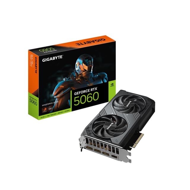 GIGABYTE GeForce RTX 5060 WINDFORCE OC 8G Graphics Card, Cooling System, 8GB 128-bit GDDR7, PCIe 5.0, Manufactured by NVIDIA, DisplayPort & HDMI - Video Output Interface, GV-N5060WF2OC-8GD Video Card WINDFORCE RTX5060|OC|8GB