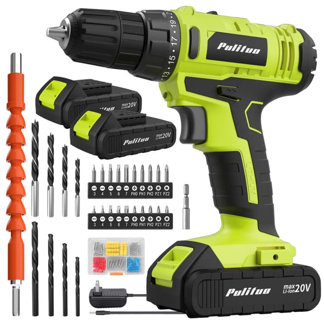 PULITUO'S 20V Cordless Drill/Driver, Electric Screwdriver - 2 Batteries, 30Nm, 21+1 Torque, 2 Speed, Keyless 3/8" Chase Drill with LED Light, Kit for Home (Green) 20V Drill (green)- double
