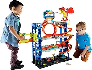 Hot Wheels City Ultimate Garage Track Set with 2 Die-Cast Toy Cars & Car-Eating Dragon, Stores 50+ Vehicles, 4 Levels