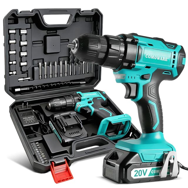 COMOWARE 20V Cordless Drill, Electric Power Drill Set with 1 Battery & Charger, 3/8" Keyless Chuck, 2 Variable Speed, 266 In-lb Torque, 25+1 Position and 34pcs Power/Driver Bits Green
